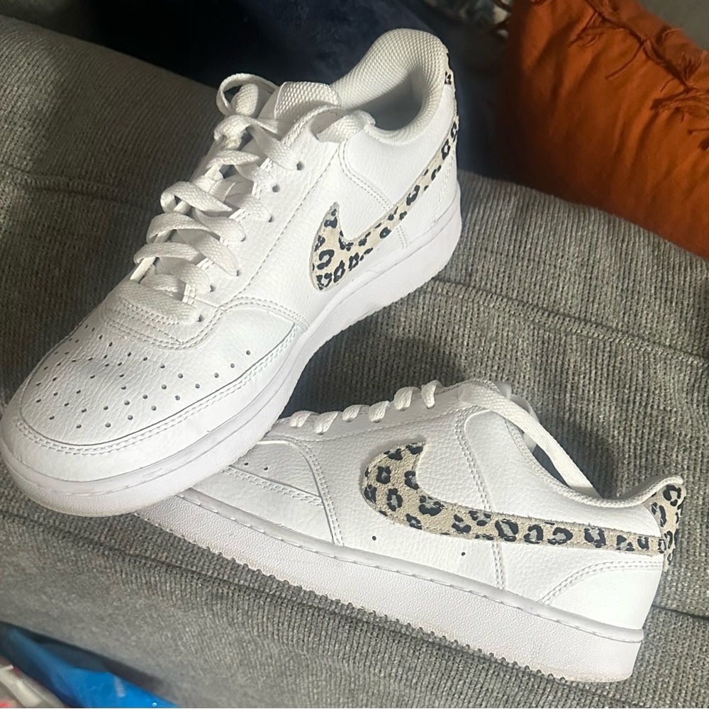 Nike White Athletic Shoes with Leopard Print
